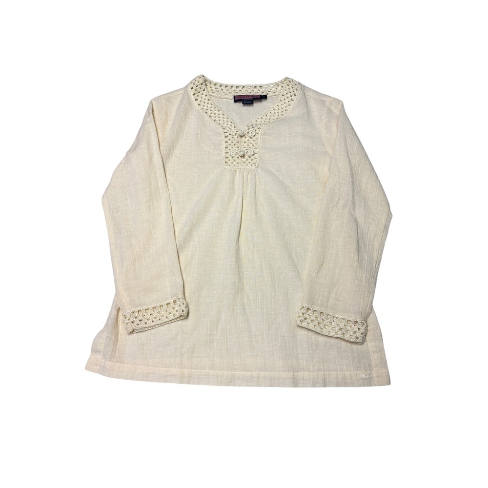 Vineyard Vines Womens Crochet Lace Trim Cotton Tunic Top Cream Small Long Sleeve